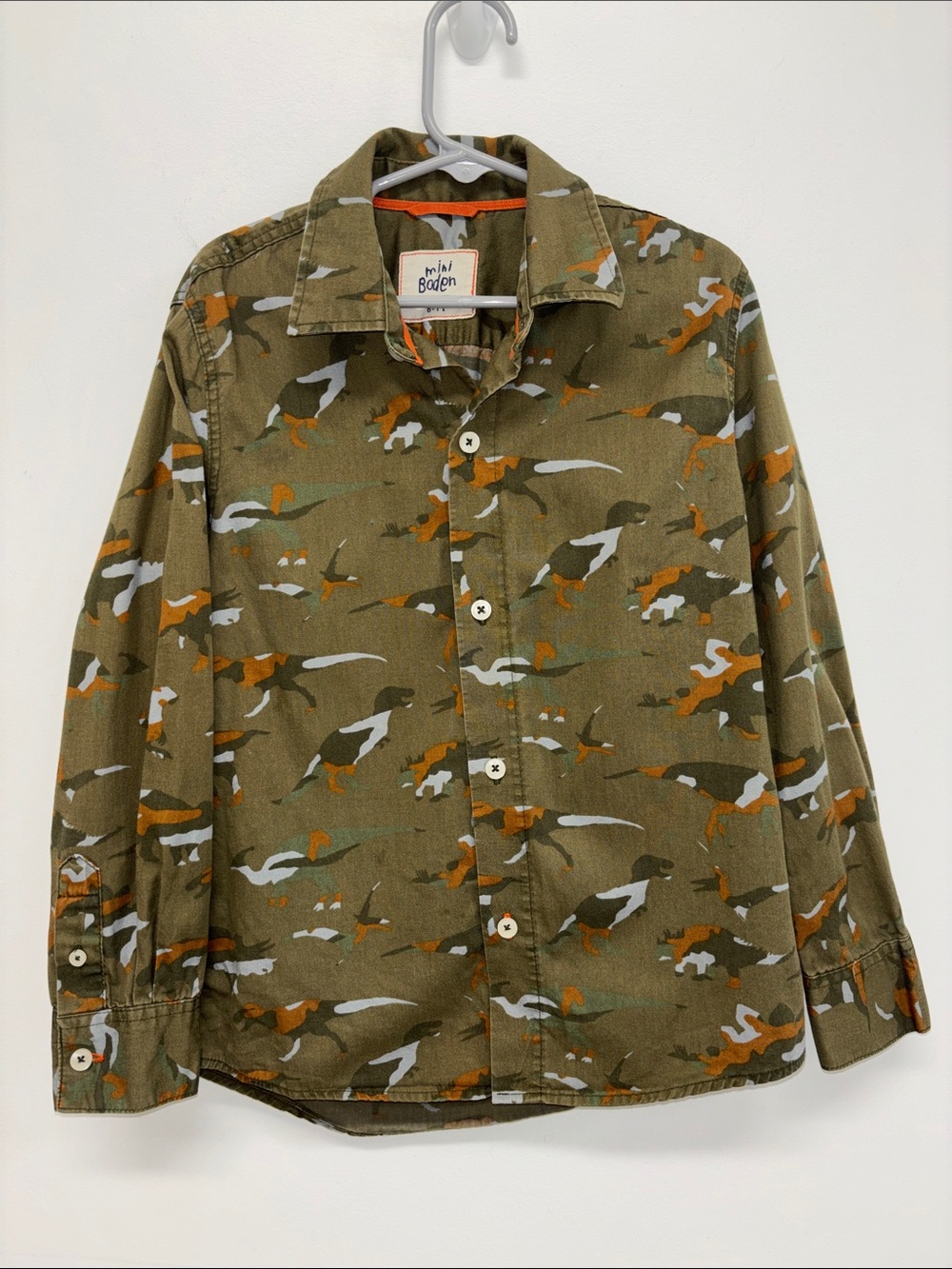 Dinosaur camo Mini Boden button front down shirt 6-7Y camouflage BTS